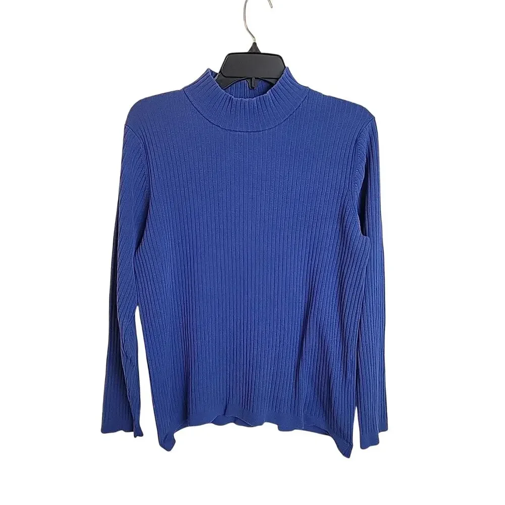 Appleseed's Blue High Neck Silk Blend Ribbed Pullover Sweater Womens Size Large